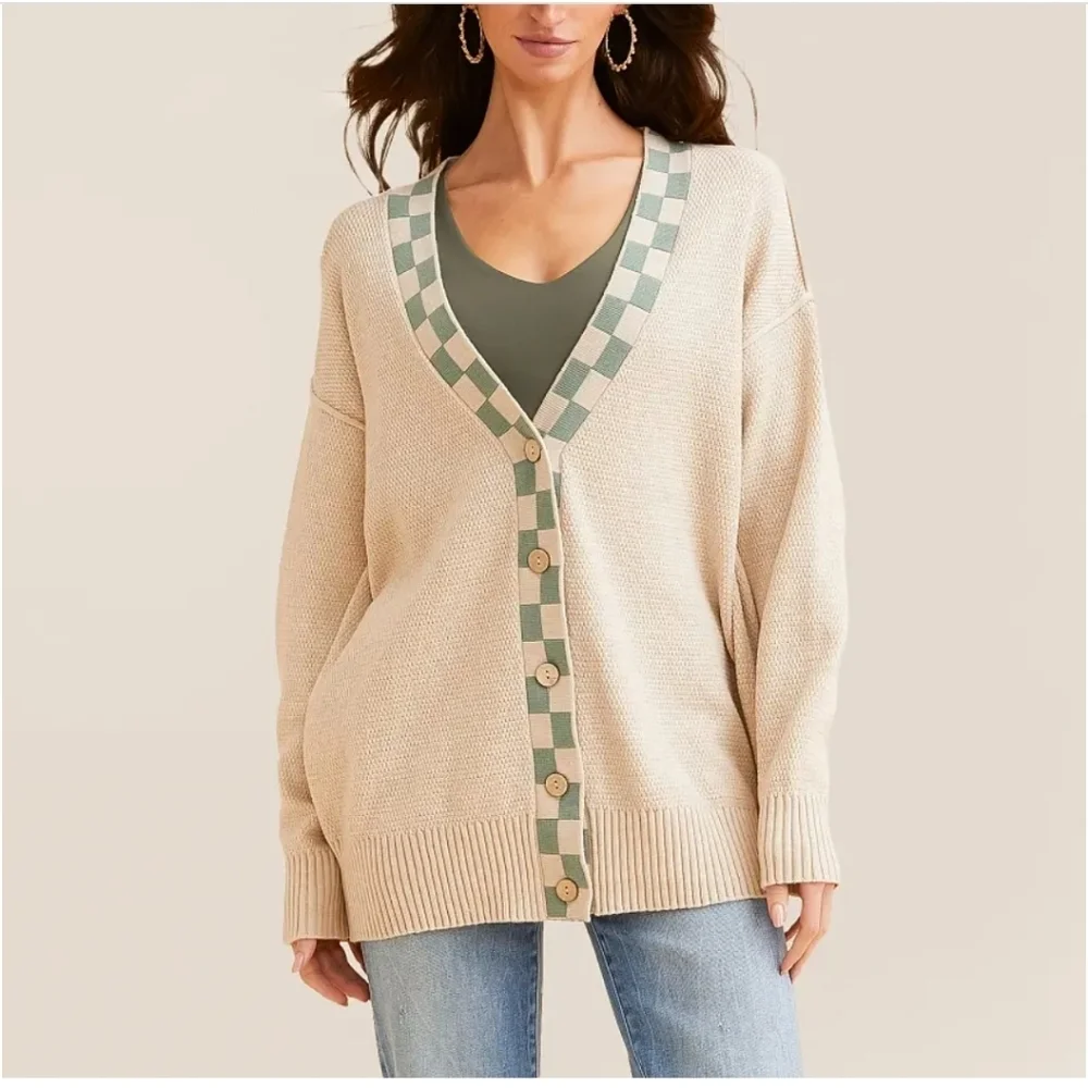 BKE Checker‎ Trim Cardigan Sweater M